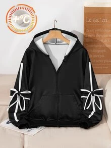 SHEIN 青少年女孩衛衣，黑色，寬鬆版型，秋冬保暖，時尚百搭，休閒，連帽，抓絨內裡，冬季，秋季，舒適，日常穿著，拉鍊，街頭風 - 黑色 - 查看 3