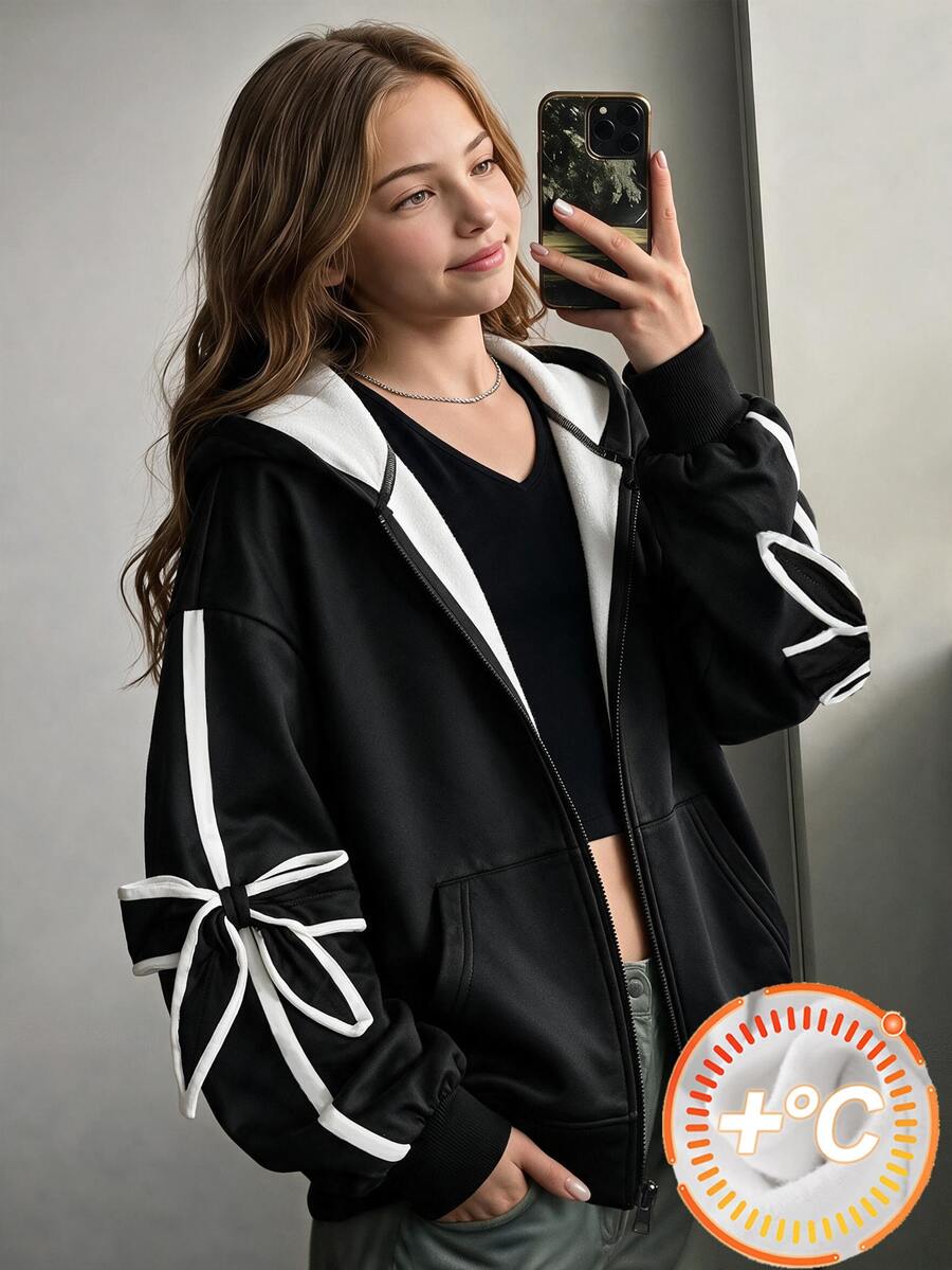 SHEIN 青少年女孩衛衣,黑色,寬鬆版型,秋冬保暖,時尚百搭,休閒,連帽,抓絨內裡,冬季,秋季,舒適,日常穿著,拉鍊,街頭風 - 黑色 - 查看 1