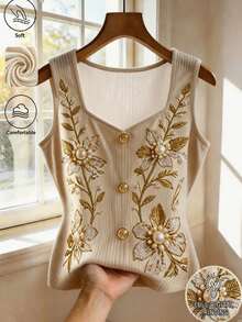 GlowEve CURVE Damen-Camisole in Große Größen, lässig, mit Blumenstickerei, Kunstperlen und Strass verziert, elegantes Sommer-Top, geeignet für Alltag und Dates - Khaki - Übersicht 1