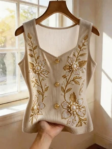 GlowEve CURVE Damen-Camisole in Große Größen, lässig, mit Blumenstickerei, Kunstperlen und Strass verziert, elegantes Sommer-Top, geeignet für Alltag und Dates - Khaki - Übersicht 4