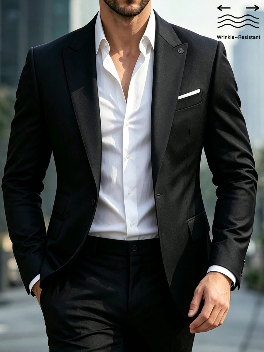 Manfinity Mode Men's Black Fashion Wrinkle-Resistant Solid Color Business Casual Suit Set - Black - View 1
