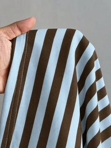 SHEIN EZwear 女款韓式時尚藍色條紋撞色長袖針織衛衣，適合早午餐、秋季休閒穿搭 - 藍色 - 查看 6