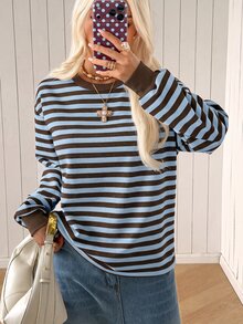 SHEIN EZwear 女款韓式時尚藍色條紋撞色長袖針織衛衣，適合早午餐、秋季休閒穿搭 - 藍色 - 查看 7