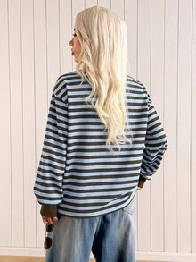 SHEIN EZwear 女款韓式時尚藍色條紋撞色長袖針織衛衣，適合早午餐、秋季休閒穿搭 - 藍色 - 查看 2