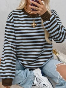 SHEIN EZwear 女款韓式時尚藍色條紋撞色長袖針織衛衣，適合早午餐、秋季休閒穿搭 - 藍色 - 查看 5