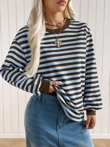 SHEIN EZwear 女款韓式時尚藍色條紋撞色長袖針織衛衣，適合早午餐、秋季休閒穿搭 - 藍色 - 查看 4