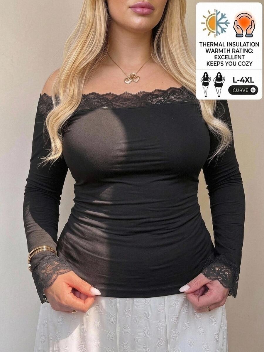 SHEIN CURVE+ 大尺碼女款蕾絲拼接不對稱肩休閒日常出遊T恤 - 黑色 - 查看 1