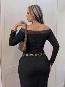 SHEIN CURVE+ 大尺碼女款蕾絲拼接不對稱肩休閒日常出遊T恤 - 黑色 - 查看 6