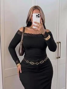 SHEIN CURVE+ 大尺碼女款蕾絲拼接不對稱肩休閒日常出遊T恤 - 黑色 - 查看 2