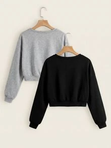 SHEIN EZwear 2件裝素色插肩袖衛衣長袖上衣，秋季日常上學穿搭，淺灰色與黑色休閒基礎款 - 彩色 - 查看 2