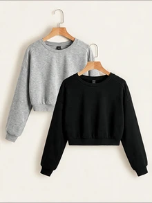 SHEIN EZwear 2件裝素色插肩袖衛衣長袖上衣，秋季日常上學穿搭，淺灰色與黑色休閒基礎款 - 彩色 - 查看 1