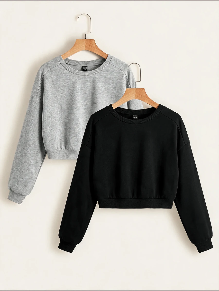 SHEIN EZwear 2件裝素色插肩袖衛衣長袖上衣,秋季日常上學穿搭,淺灰色與黑色休閒基礎款 - 彩色 - 查看 1