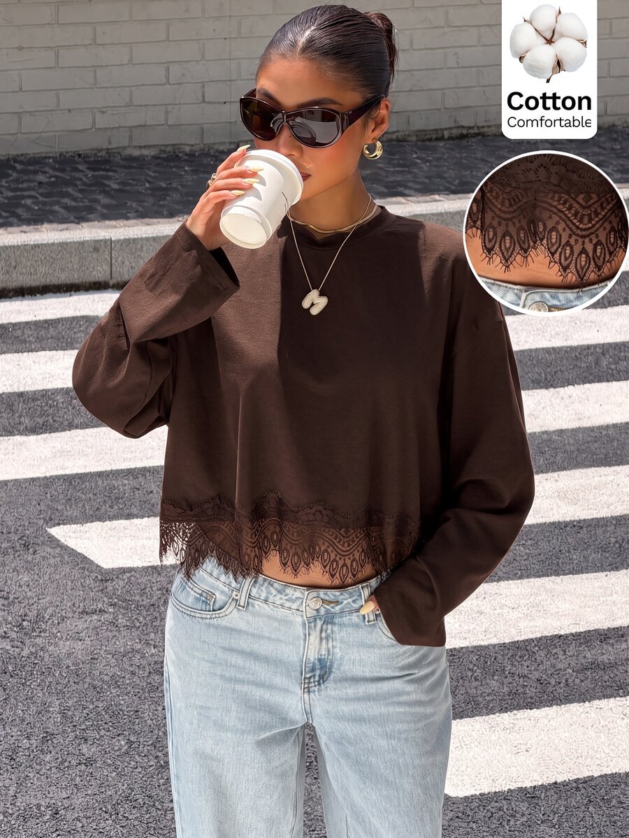 Muchica Women's Lace Patchwork Casual Versatile Daily Wear T-Shirt - Brown - View 1