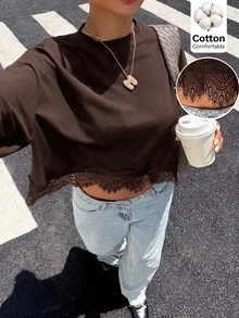 Muchica Women's Lace Patchwork Casual Versatile Daily Wear T-Shirt - Brown - View 6
