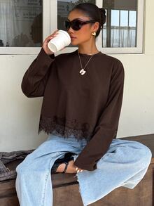 Muchica Women's Lace Patchwork Casual Versatile Daily Wear T-Shirt - Brown - View 3