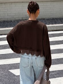 Muchica Women's Lace Patchwork Casual Versatile Daily Wear T-Shirt - Brown - View 2