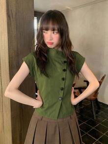 Comfortcana 女款秋冬單排扣休閒優雅橄欖綠風衣背心外套 辦公穿搭 - 軍綠色 - 查看 5