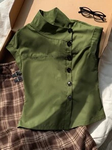 Comfortcana 女款秋冬單排扣休閒優雅橄欖綠風衣背心外套 辦公穿搭 - 軍綠色 - 查看 6