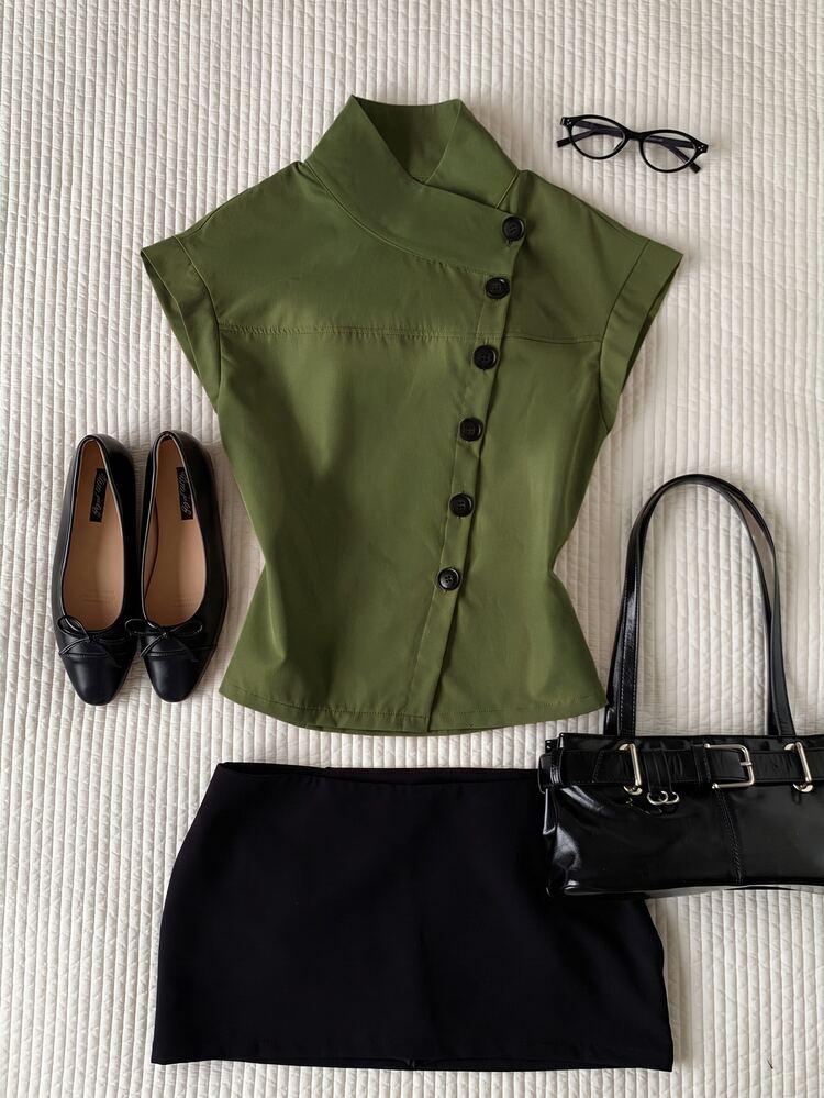 Comfortcana Women's Autumn/Winter Single-Breasted Casual Elegant Olive Green Trench Vest Jacket Office - Army Green - View 3