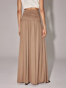 Anewsta Essential Autumn Elegant Casual Vacation Style Outfits Fall Winter High Waist Ruched Design A-Line Flared Khaki Skirt For Women Suitable For Daily Date Brunch - Khaki - View 7