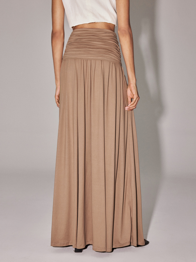 Anewsta Essential Rok Khaki Model A-Line Berpinggang Tinggi dengan Desain Kerut dan Pinggang Tinggi untuk Liburan Musim Gugur dan Musim Dingin, Cocok untuk Kencan dan Makan Siang Sehari-hari - Khaki - View 7