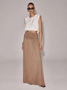 Anewsta Essential Autumn Elegant Casual Vacation Style Outfits Fall Winter High Waist Ruched Design A-Line Flared Khaki Skirt For Women Suitable For Daily Date Brunch - Khaki - View 4