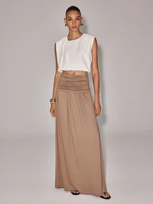 Anewsta Essential Autumn Elegant Casual Vacation Style Outfits Fall Winter High Waist Ruched Design A-Line Flared Khaki Skirt For Women Suitable For Daily Date Brunch - Khaki - View 8