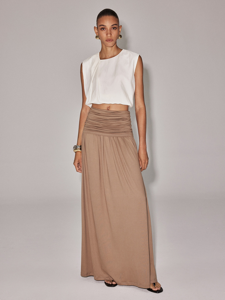 Anewsta Essential Rok Khaki Model A-Line Berpinggang Tinggi dengan Desain Kerut dan Pinggang Tinggi untuk Liburan Musim Gugur dan Musim Dingin, Cocok untuk Kencan dan Makan Siang Sehari-hari - Khaki - View 8