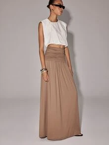 Anewsta Essential Autumn Elegant Casual Vacation Style Outfits Fall Winter High Waist Ruched Design A-Line Flared Khaki Skirt For Women Suitable For Daily Date Brunch - Khaki - View 2