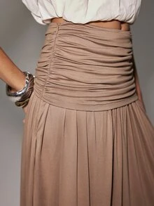 Anewsta Essential Autumn Elegant Casual Vacation Style Outfits Fall Winter High Waist Ruched Design A-Line Flared Khaki Skirt For Women Suitable For Daily Date Brunch - Khaki - View 6