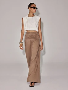 Anewsta Essential Autumn Elegant Casual Vacation Style Outfits Fall Winter High Waist Ruched Design A-Line Flared Khaki Skirt For Women Suitable For Daily Date Brunch - Khaki - View 3