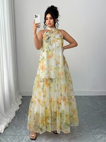 Elenzga 大码女士优雅编织无袖花卉网纱连衣裙 - 黃色 - 查看 3