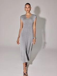 Anewsta Essential Minimalist Elegant Grey Solid Knitted Vest Dress Deep V Neck Vertical Stitching Bodycon Tank Dress Brunch Summer/Fall - Grey - View 5