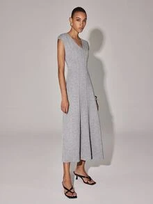 Anewsta Essential Minimalist Elegant Grey Solid Knitted Vest Dress Deep V Neck Vertical Stitching Bodycon Tank Dress Brunch Summer/Fall - Grey - View 6