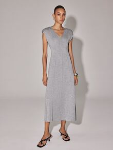 Anewsta Essential Minimalist Elegant Grey Solid Knitted Vest Dress Deep V Neck Vertical Stitching Bodycon Tank Dress Brunch Summer/Fall - Grey - View 7