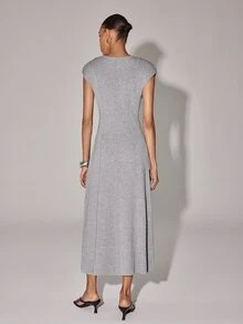 Anewsta Essential Minimalist Elegant Grey Solid Knitted Vest Dress Deep V Neck Vertical Stitching Bodycon Tank Dress Brunch Summer/Fall - Grey - View 2