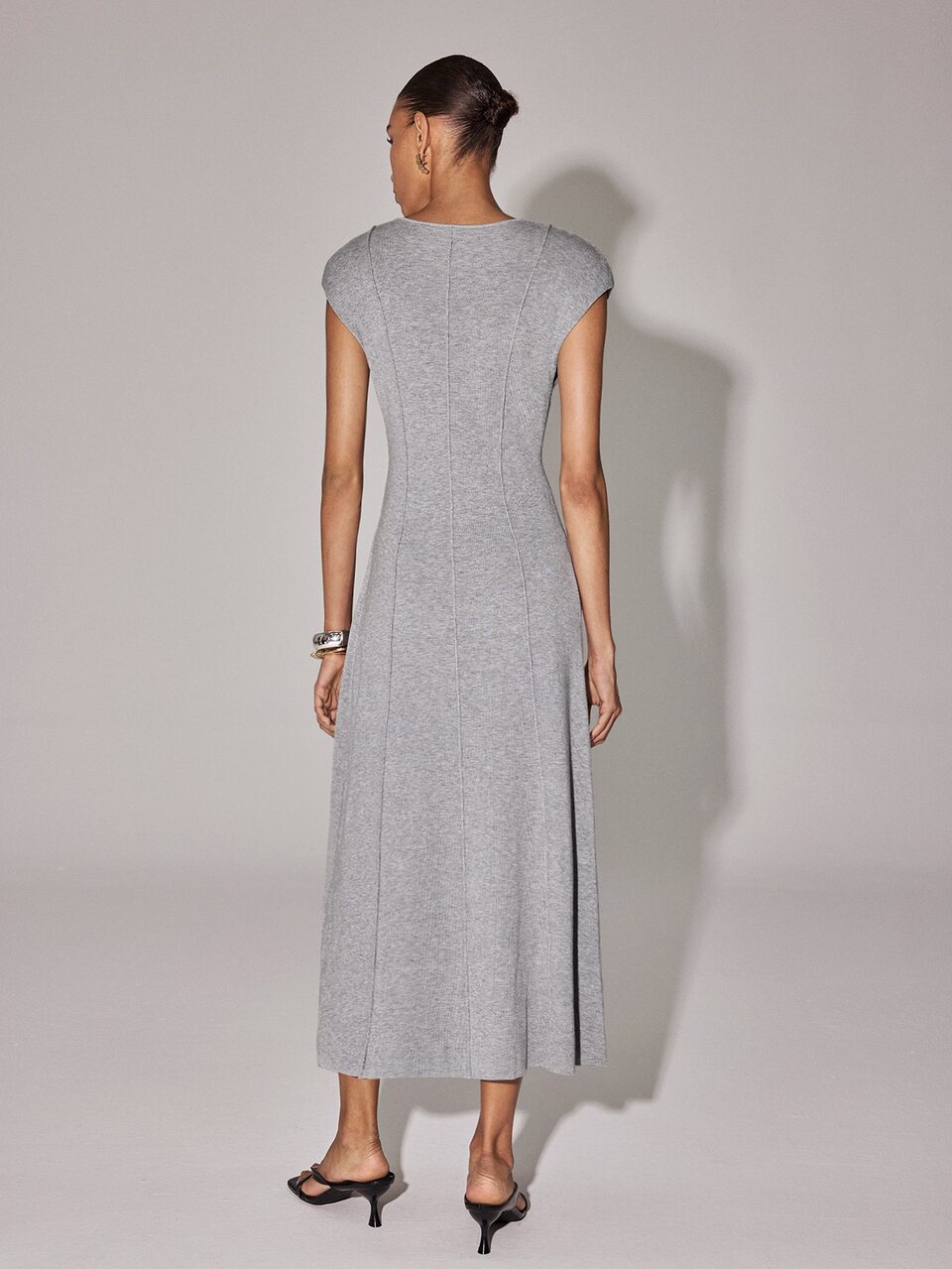 Anewsta Minimalist Elegant Grey Solid Knitted Vest Dress Deep V Neck Vertical Stitching Bodycon Tank Dress Brunch Summer/Fall