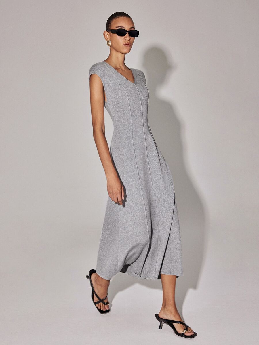 Anewsta Essential Minimalist Elegant Grey Solid Knitted Vest Dress Deep V Neck Vertical Stitching Bodycon Tank Dress Brunch Summer/Fall - Grey - View 1