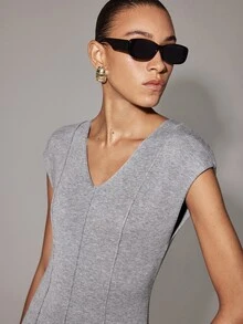 Anewsta Essential Minimalist Elegant Grey Solid Knitted Vest Dress Deep V Neck Vertical Stitching Bodycon Tank Dress Brunch Summer/Fall - Grey - View 8