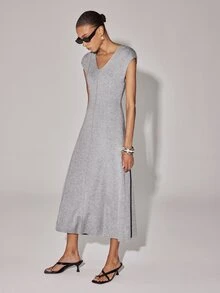 Anewsta Essential Minimalist Elegant Grey Solid Knitted Vest Dress Deep V Neck Vertical Stitching Bodycon Tank Dress Brunch Summer/Fall - Grey - View 3