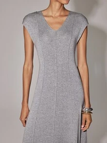 Anewsta Essential Minimalist Elegant Grey Solid Knitted Vest Dress Deep V Neck Vertical Stitching Bodycon Tank Dress Brunch Summer/Fall - Grey - View 4