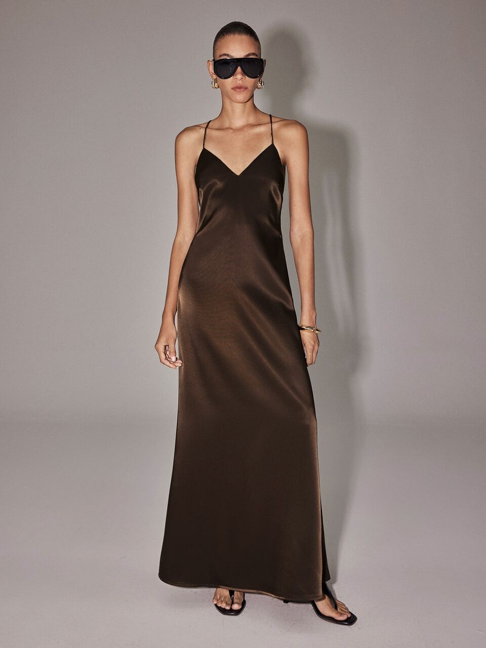 Anewsta Crisscross Tie Backless Satin Cami Dress Party Night Out Dark Brown Sexy