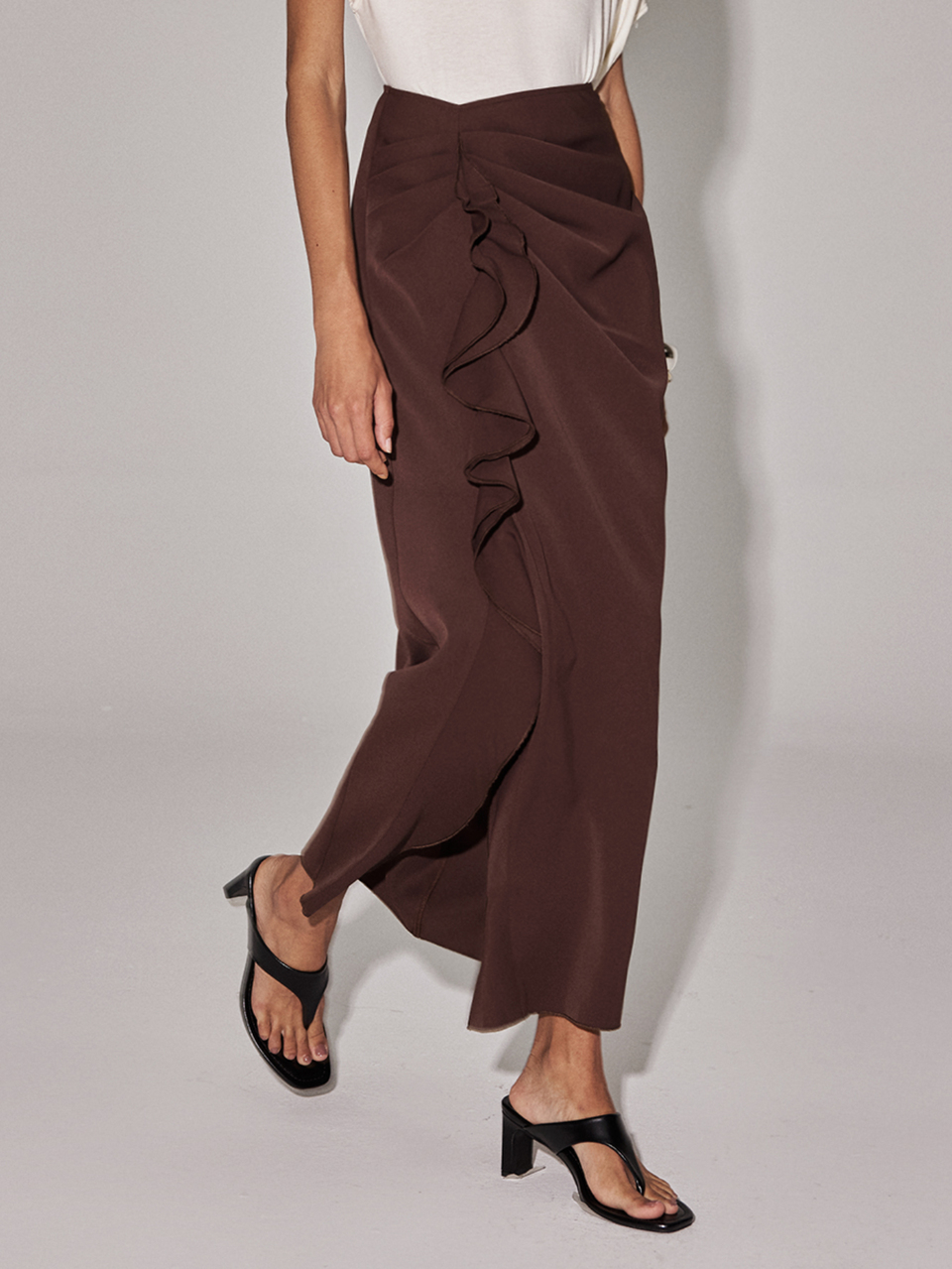 Anewsta Essential Women's Romantic Elegant Ruffle Long Skirt, Office, Party, Date, Wedding Guest Dark Brown Autumn