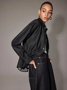 Anewsta Essential Drop Shoulder Denim Shirt Everyday Going Out Dark Blue Autumn Casual Streetwear - Dark Wash - View 7