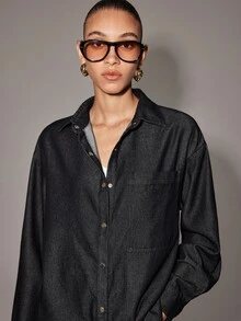 Anewsta Essential Drop Shoulder Denim Shirt Everyday Going Out Dark Blue Autumn Casual Streetwear - Dark Wash - View 6