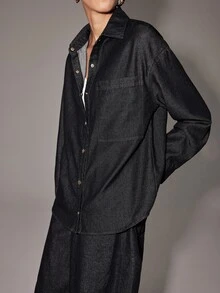 Anewsta Essential Drop Shoulder Denim Shirt Everyday Going Out Dark Blue Autumn Casual Streetwear - Dark Wash - View 8