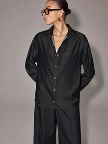 Anewsta Essential Drop Shoulder Denim Shirt Everyday Going Out Dark Blue Autumn Casual Streetwear - Dark Wash - View 5