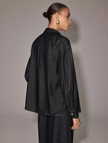 Anewsta Essential Drop Shoulder Denim Shirt Everyday Going Out Dark Blue Autumn Casual Streetwear - Dark Wash - View 4
