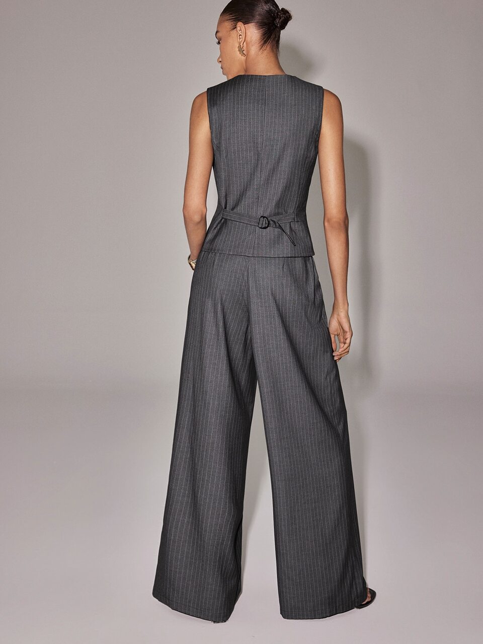Anewsta Dark Grey Print Waistcoat Wide Leg Pants Teachers' Day Business Office Summer Casual