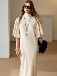 Anewsta Essential Women's Elegant Cream White High Neck Flutter Sleeve Knit Dress Back Ribbon For Wedding Guest Ceremony Church - Apricot - View 7